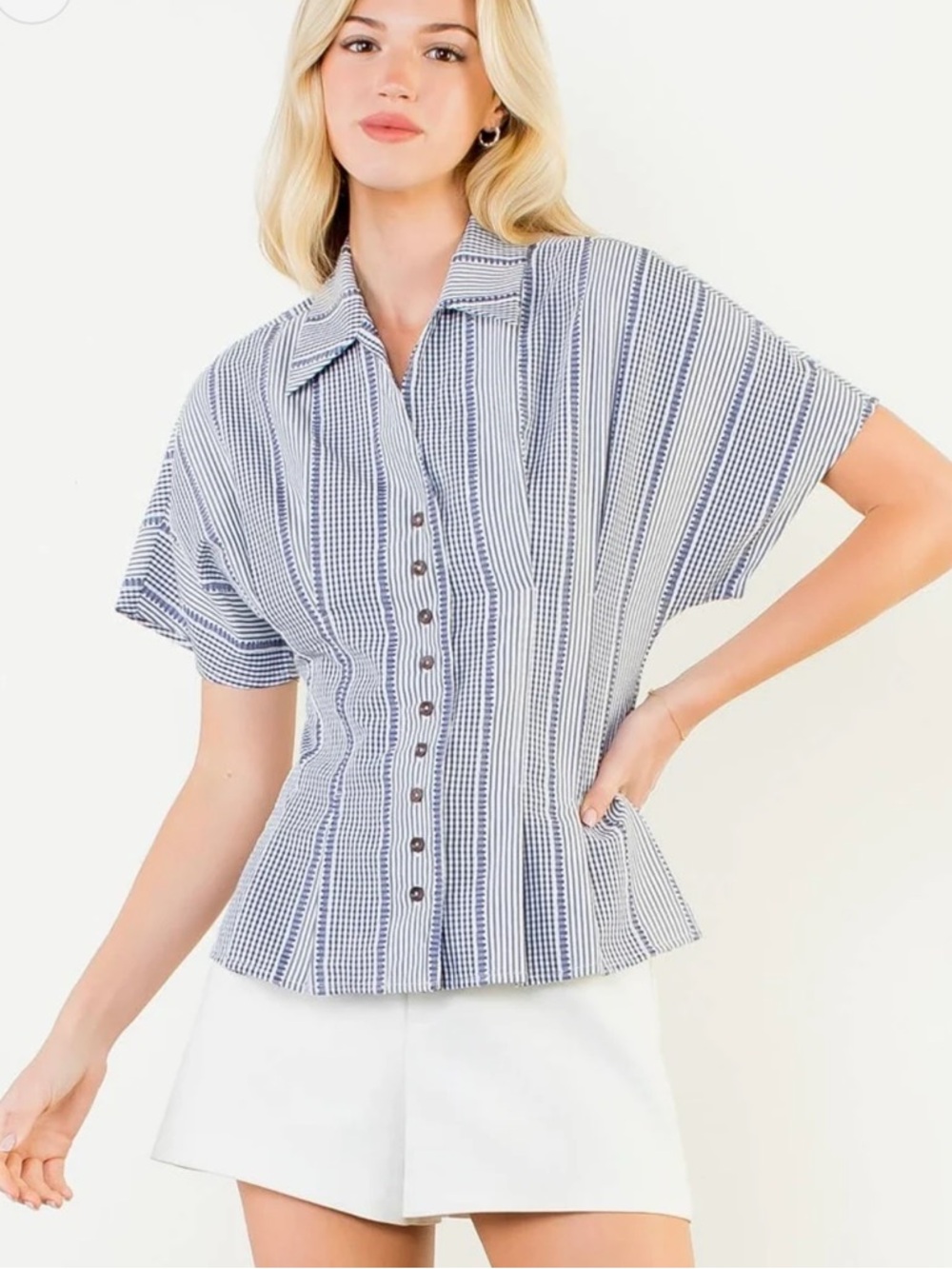 New THML peplum spring summer blouse Gingham button down cinched waist Small